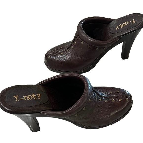 Y-NOT? brown leather gold studded heels mules 3 inch studded leather clogs - Picture 4 of 9